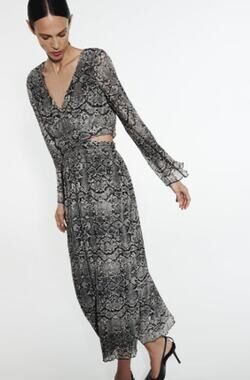 Zara Gray Snake Print Long Sleeve Midi Dress with Cut Outs V-Neck Size Small